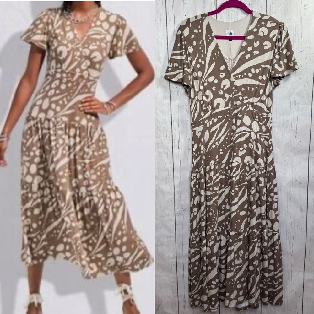 Cabi Swoon Cut Out Back Tiered Midi Dress Ruched Boho Neutral Cream Tan Size M